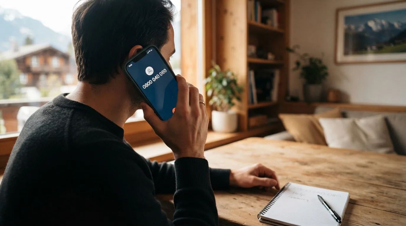 Eine Person am Telefon, daneben die Notrufnummer 0800 040 080 und das Logo von SoS-Spielsucht gut lesbar