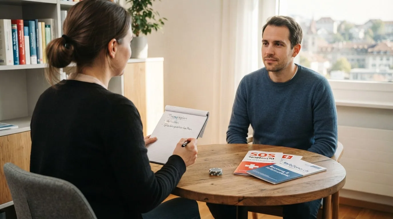 Beratungsgespräch an einem Tisch mit Infomaterial und Helpline-Nummer