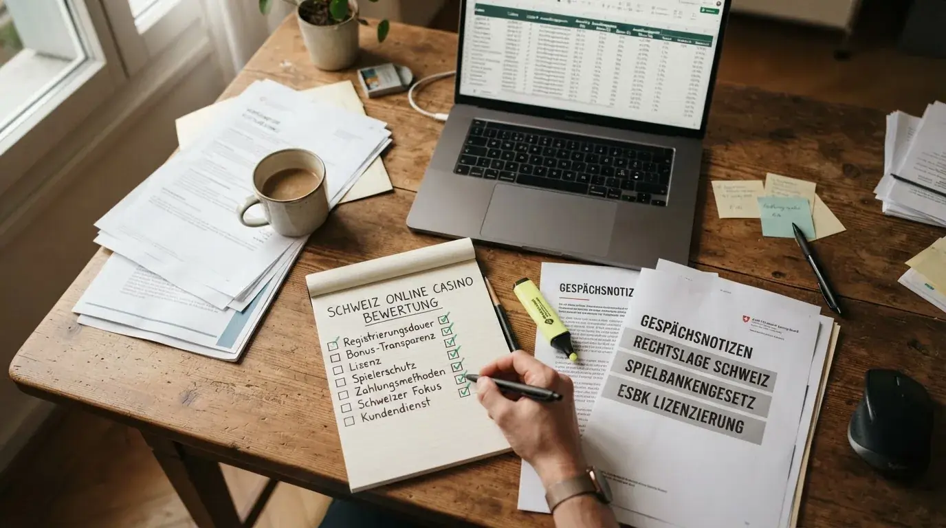 Eine Schreibtischszene von oben: ESBK-Berichte, eine Checkliste mit «Registrierungsdauer», «Bonus-Transparenz» und «Lizenz» als Kriterien, ein Laptop mit Vergleichstabelle