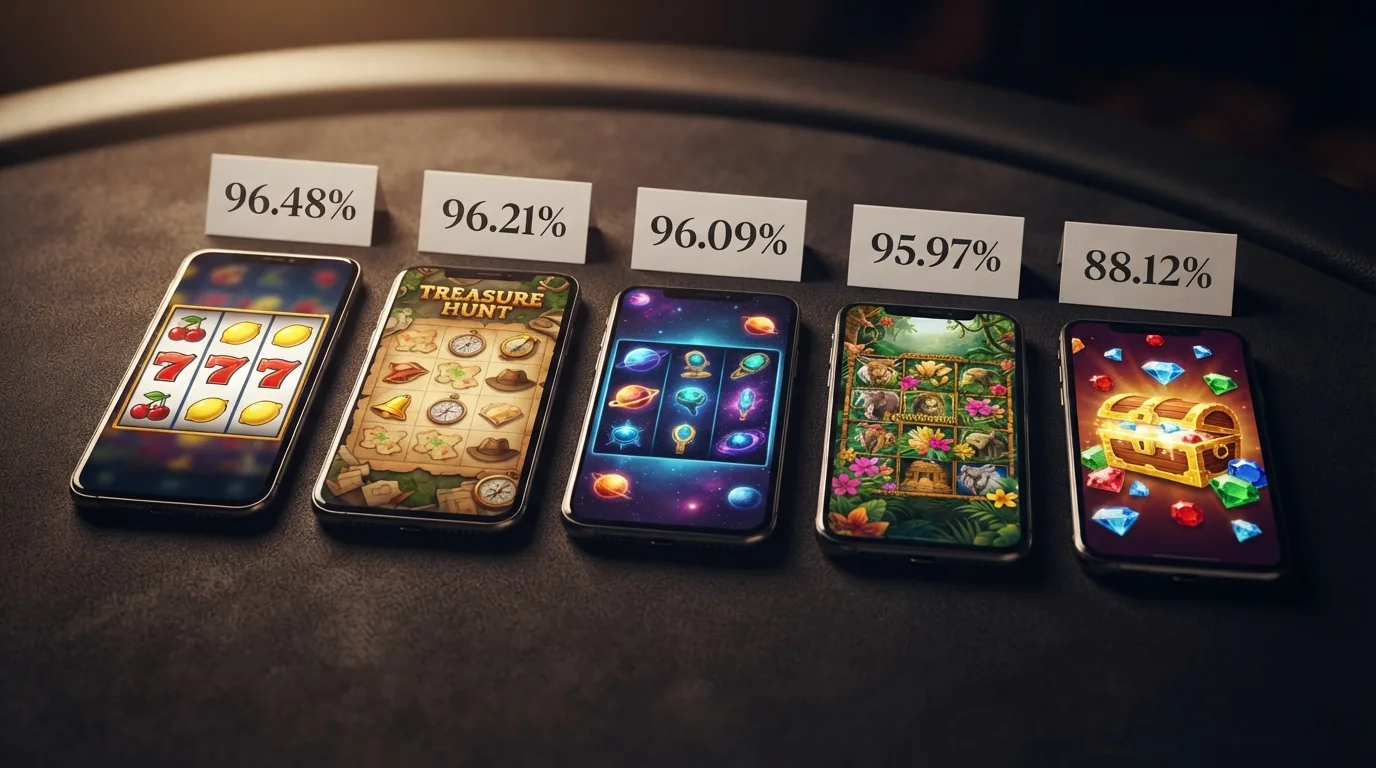 Eine Reihe von fünf Slot-Spielfeldern mit eingeblendeten RTP-Prozentwerten und Spielnamen