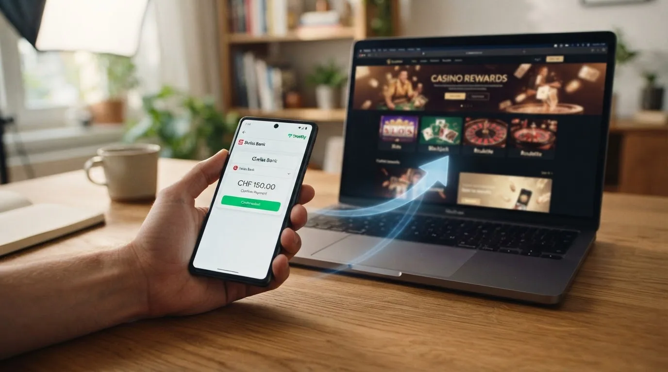 Grafische Darstellung des Trustly-Zahlungsablaufs: Bankkonto, Trustly als Vermittler und Online Casino