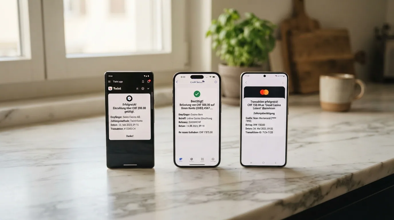 Drei Schweizer Smartphones nebeneinander mit geöffneten TWINT-, PostFinance- und YAPEAL-Apps, alle zeigen eine abgeschlossene Casino-Einzahlung in CHF
