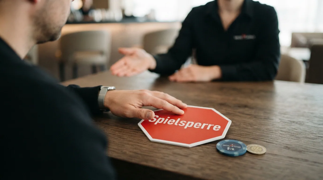 Stopp-Schild mit der Aufschrift «Spielsperre» und einer helfenden Hand im Hintergrund