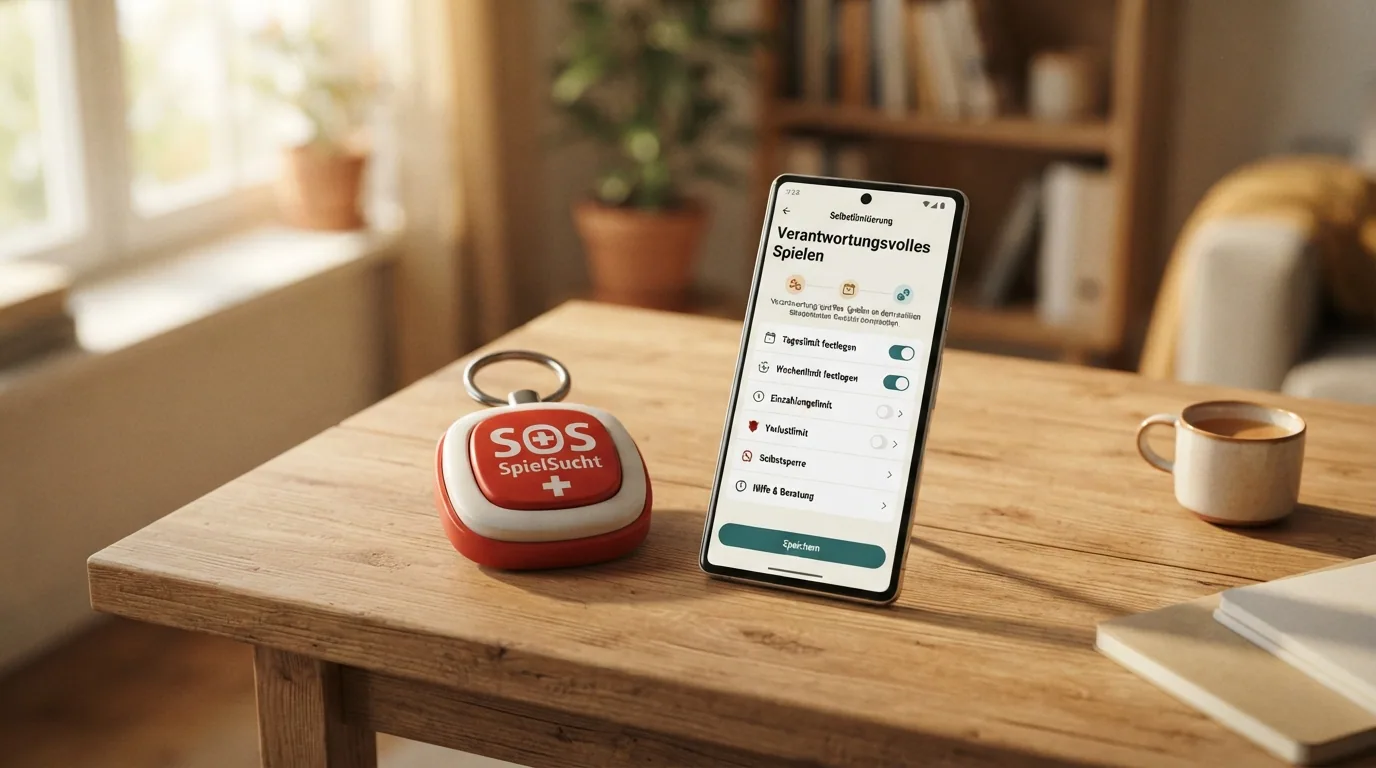 Eine stilisierte Notruftaste mit Schweizer Kreuz und dem Text «SOS SpielSucht», daneben ein Smartphone mit geöffneter Selbstlimitierungs-Oberfläche