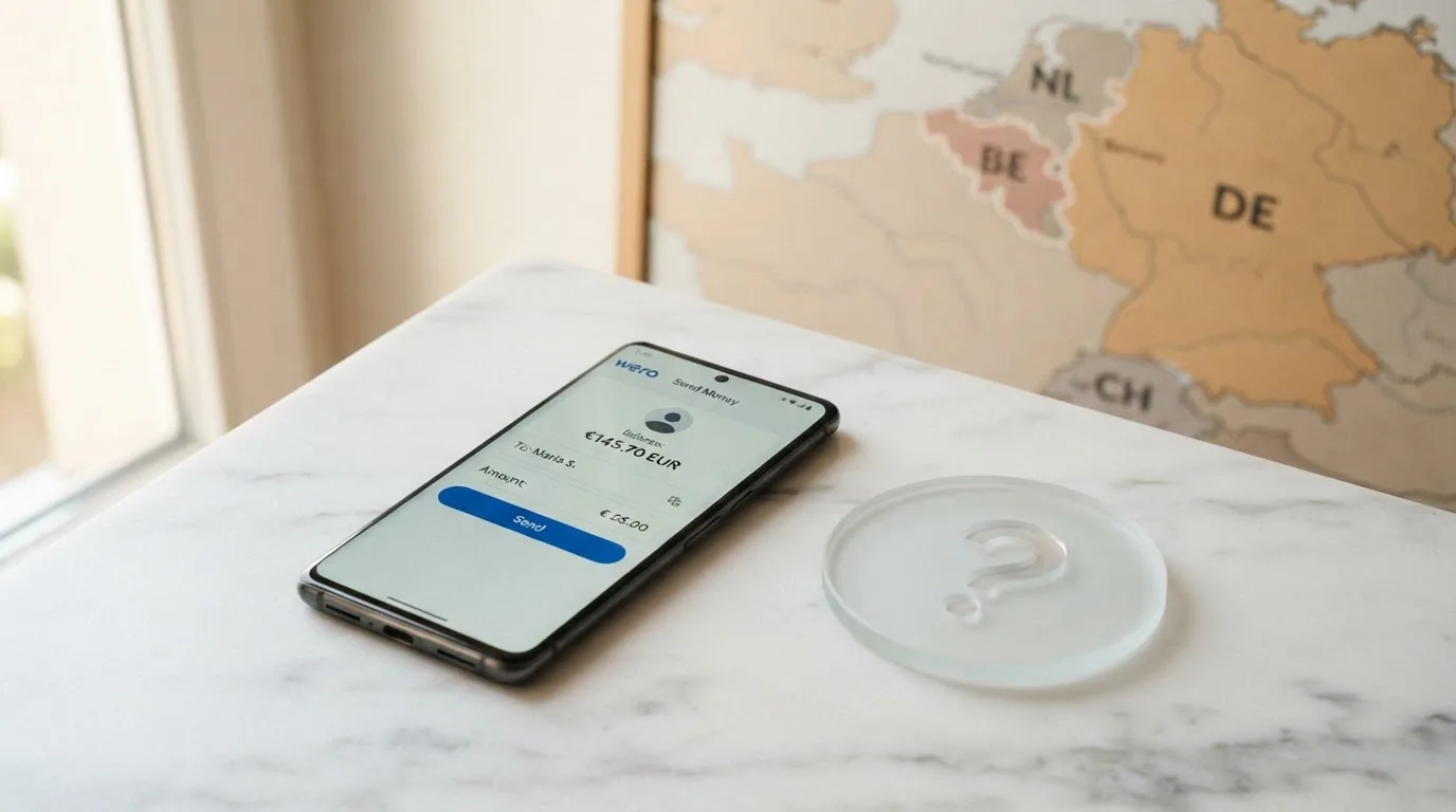 Smartphone mit geöffneter Wero-App zeigt eine EUR-Überweisungsoberfläche, daneben ein Fragezeichen mit Schweizerkreuz