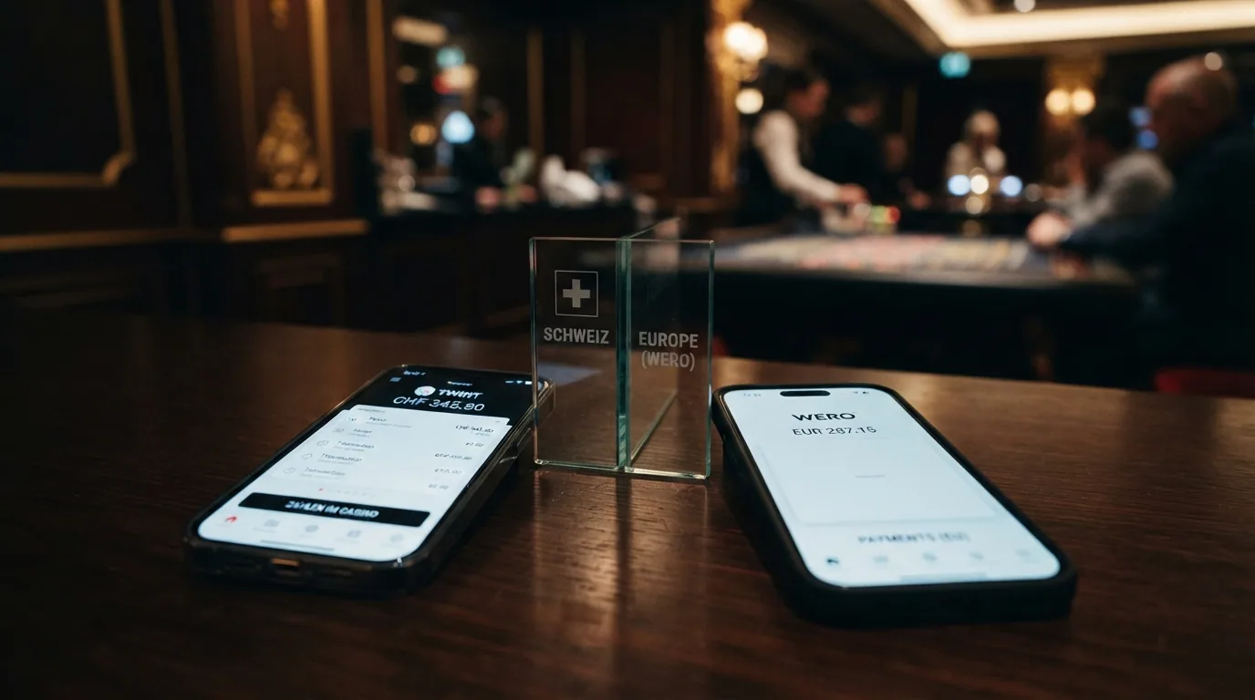 Zwei Schweizer Smartphones nebeneinander: links die TWINT-App mit CHF-Betrag, rechts die Wero-App mit EUR-Betrag und durchgestrichenem Casino-Symbol