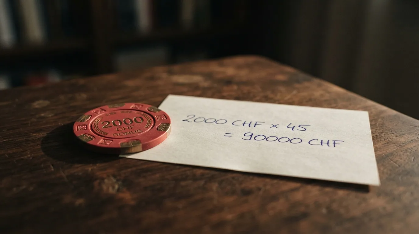 Ein Stapel Casino-Chips neben einem Taschenrechner, auf dessen Display eine zerlegte Bonus-Berechnung zu sehen ist: Bonusbetrag × Umsatzbedingung = erforderlicher Umsatz