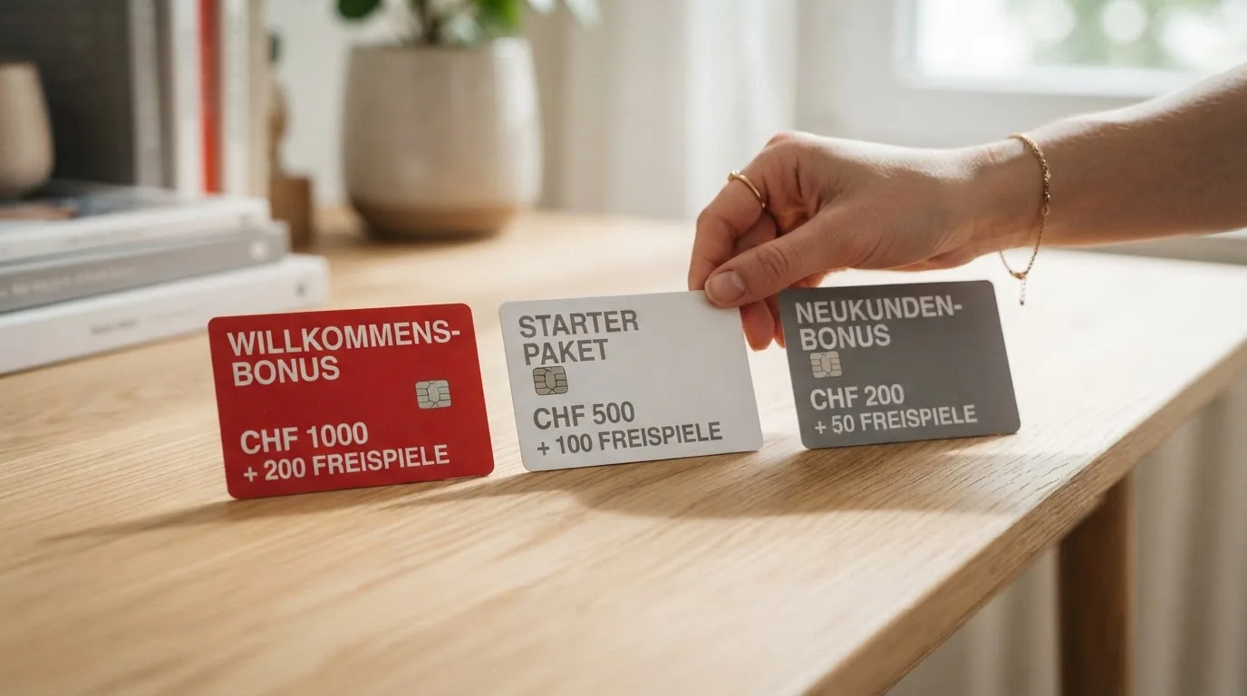 Drei nebeneinander angeordnete Bonus-Karten mit CHF-Beträgen, Umsatzbedingungen und Gültigkeitsdauern im Vergleich