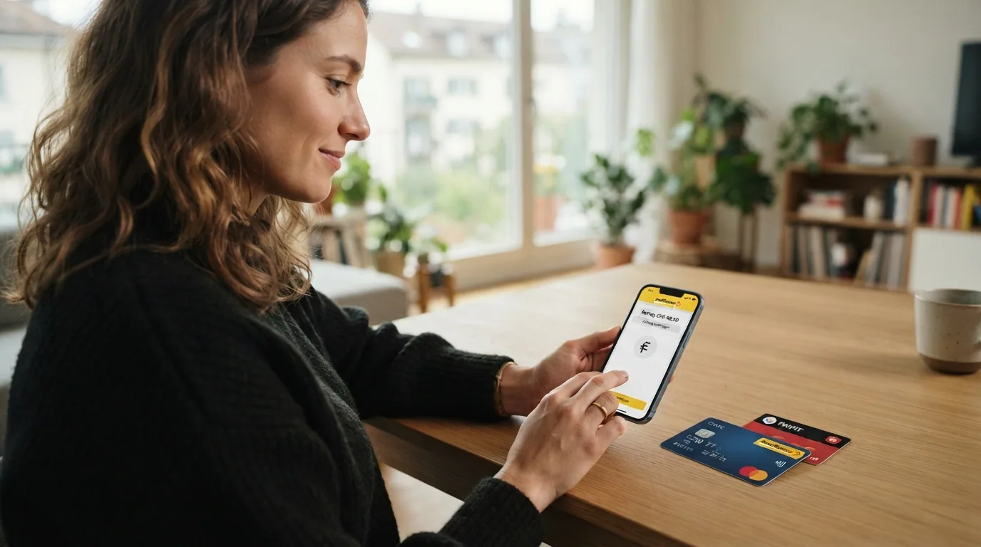 Schweizer Spielerin am Laptop, daneben Smartphone mit TWINT-App und eine Kreditkarte