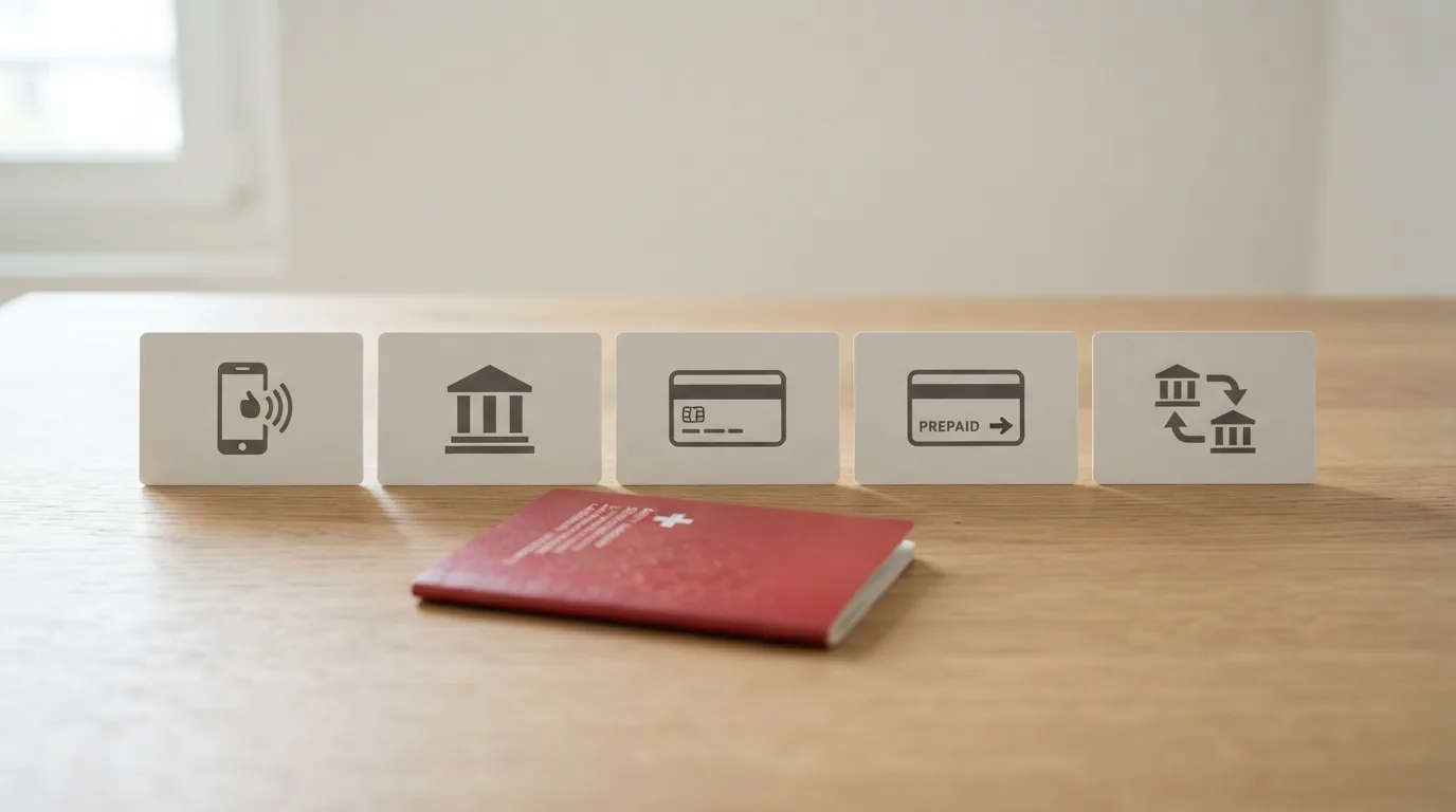 Fünf nebeneinander angeordnete Zahlungssymbole: TWINT, PostFinance, Visa, Mastercard und Paysafecard — auf einem Schweizer Pass als Untergrund