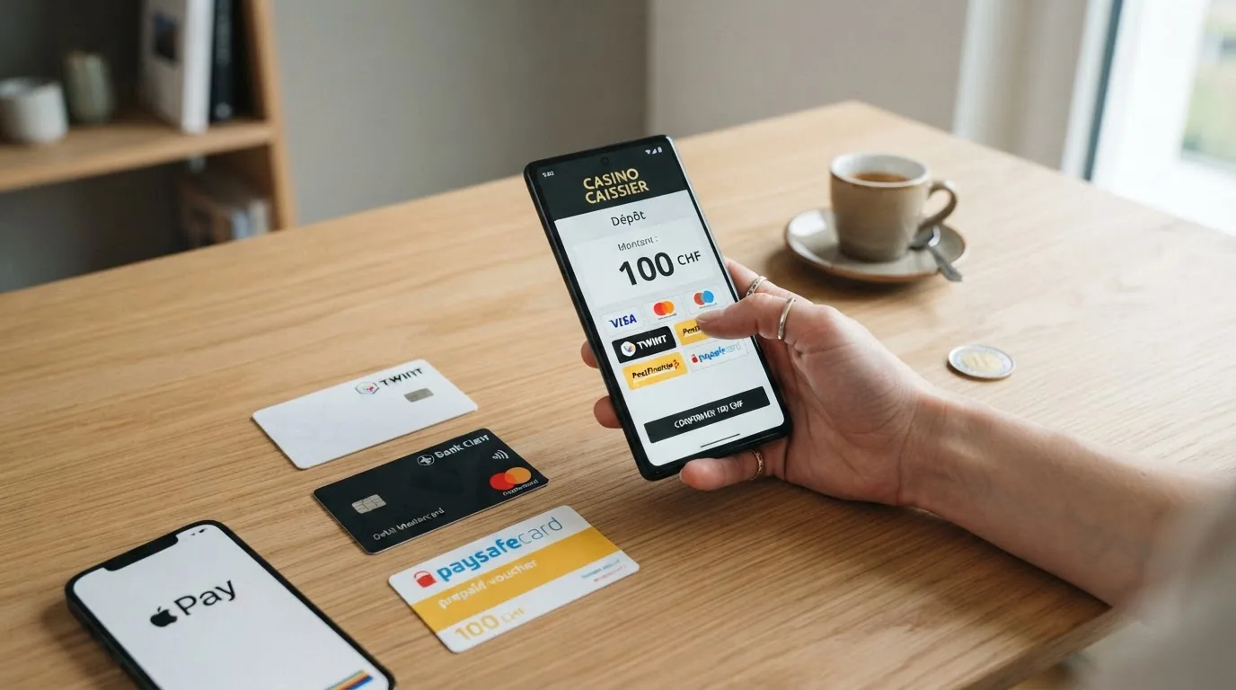 Eine Übersicht der in Schweizer Online-Casinos akzeptierten Zahlungsmethoden: TWINT-Logo, PostFinance-Karte, Visa, Mastercard, Apple-Pay-Symbol, Paysafecard
