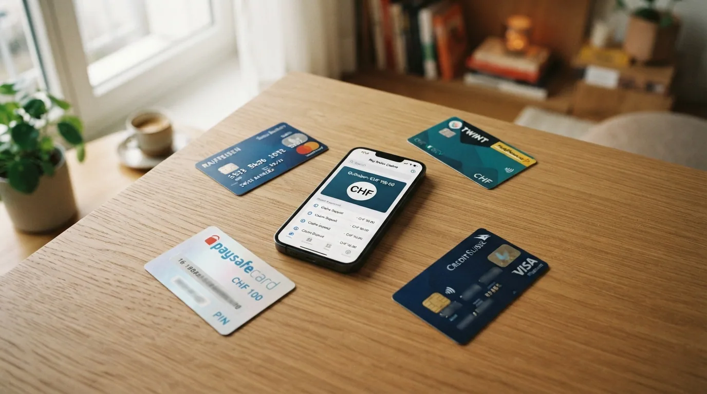 Smartphone mit geöffneten Apps von TWINT, PostFinance sowie Visa- und Mastercard-Logo