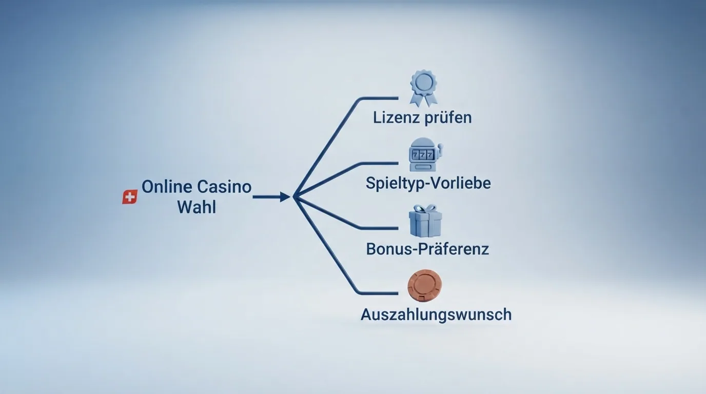 Ein grafischer Entscheidungsbaum: Ausgehend von «TWINT-Casino gesucht» verzweigen Pfade zu Lizenz-Prüfung, Spieltyp-Vorliebe, Bonus-Präferenz und Auszahlungswunsch